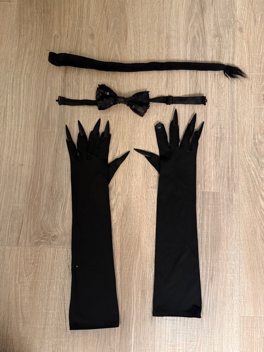 Women Black Long Fabric Costume Gloves w/ Claws, Sequin Bow Tie & Tail,One Size